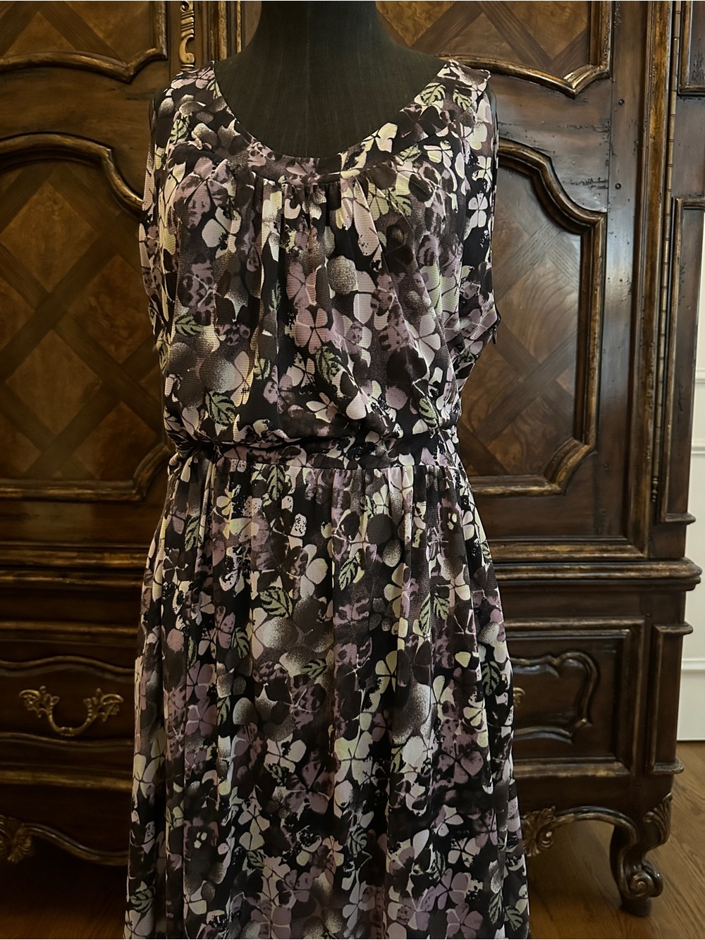 Jones New York Black Floral Midi Dress with Lavender Accents